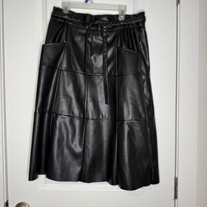 CATO Fashions Black Faux Leather Tiered Midi Skirt Belted Paperbag Waist Size S